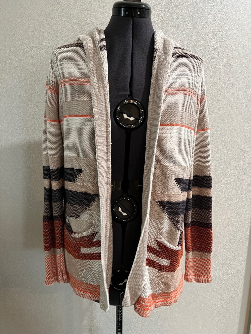 Belldini Hooded Open-Front Striped Cardigan in Cream, Rust and Charcoal